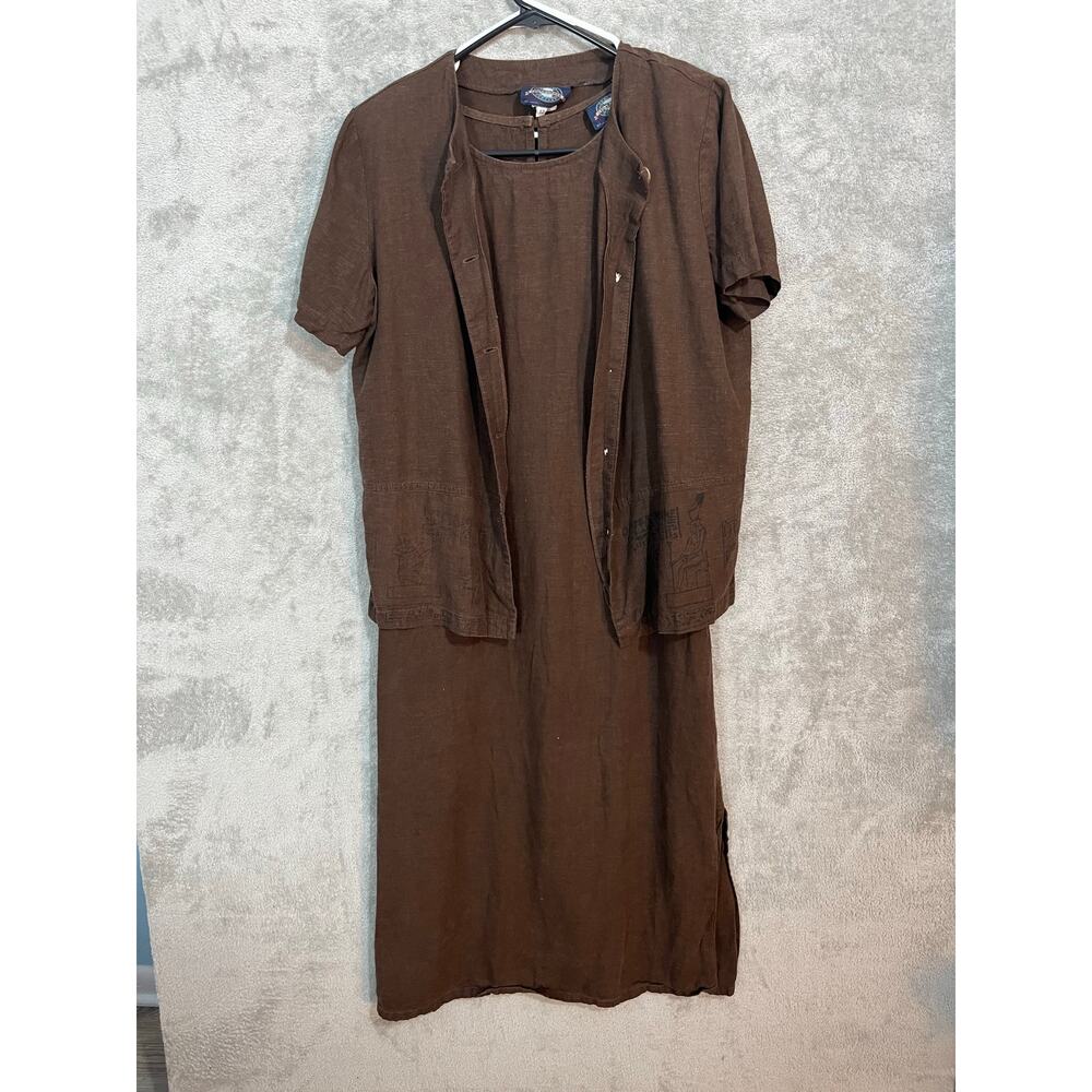 VTG Cedar Cabin Linen Blend 2 Piece Dress Set Size 12 Brown Tribal Resort Boho